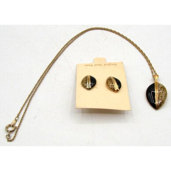 Royal Glitter Gold & Black Enamel Necklace and Earring Set Gold Tone Vintage NOS - Picture 1 of 13